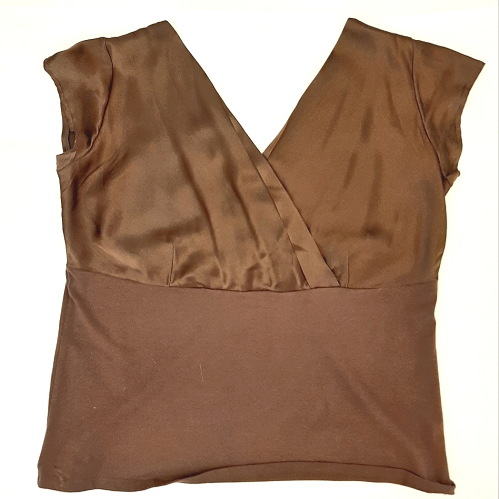 Nine West Brown Silk Blend Empire Waist V Neck V Back Top 1X Plus Size